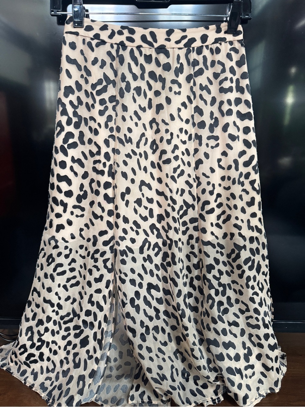 Alice + Olivia Beige and Black Leopard-Print burn out silk A-Line Midi Skirt
